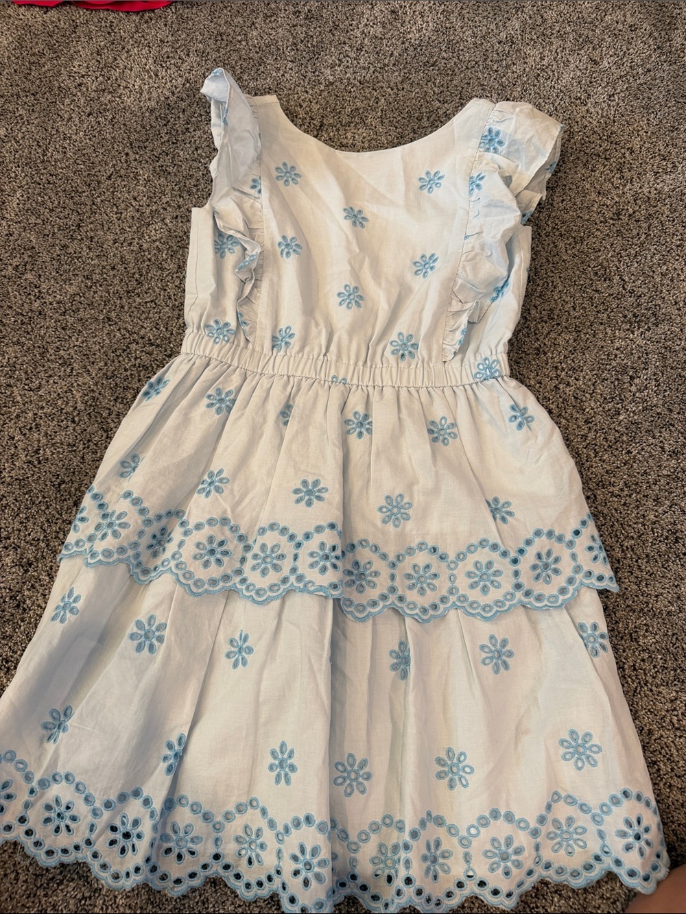 Crewcuts White Dress with Light Blue Floral Eyelet Embroidery